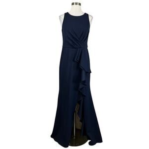 Betsy & Adam Women's Formal Dress Size 6 Blue Cascading Ruffle Thigh Slit Gown